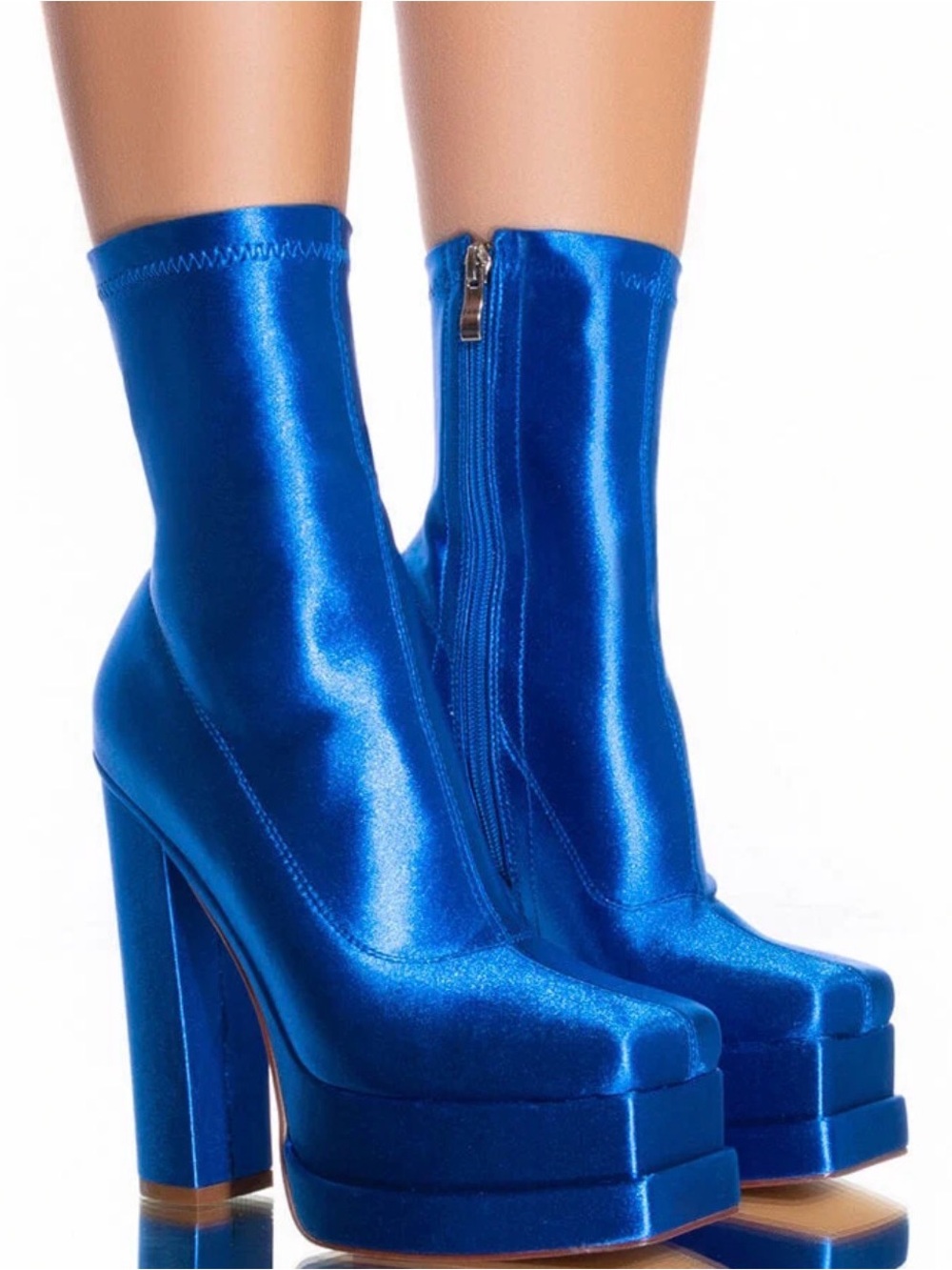 Azalea Wang Shoes Satin Finish Royal Blue Platform Sock Boots